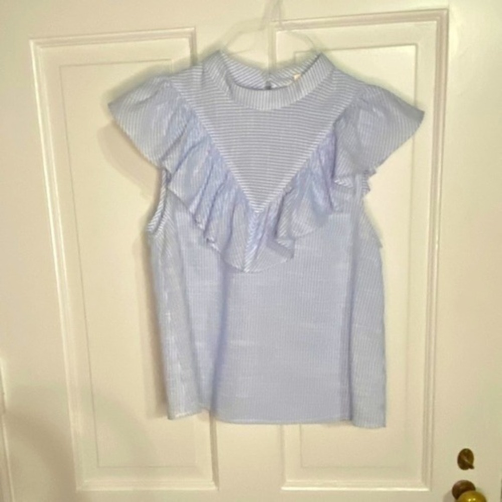 En‎ Creme Blue White Striped Ruffles Sleeveless Shirt Size Small